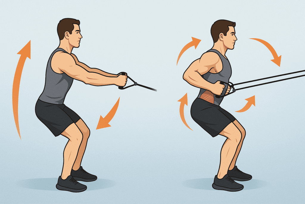 Two-stage diagram of a man performing rows with elastic bands, demonstrating variable resistance band training for men.