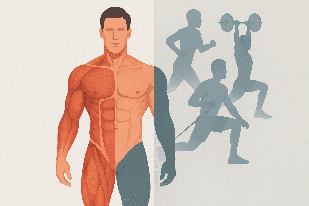 Split illustration of a male body showing muscular definition on one side and athletic performance silhouettes on the other, representing perfect body men.